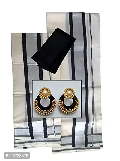Women's Cotton hand loom Kerala saree set mundu 2x3 black silver 2mtr, 2.5 mtr, 1 mtr blouse with black silver thread work earrings
