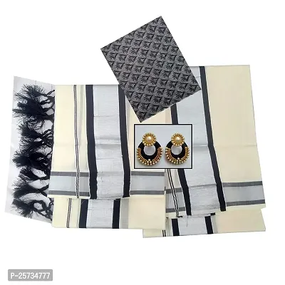 Kerala saree set mundu kunjam worked 2x3 black silver 2mtr, 2.5 mtr, 1 mtr jacquard embossed blouse with black silver thread work earrings (flower)-thumb0