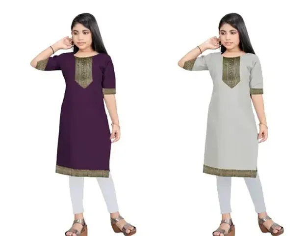 Beautiful Multicoloured Cotton Solid Kurta For Girl-Pack Of 2