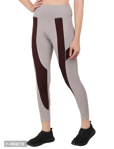Stylish Yoga Gym Wear Leggings Ankle Length Workout Stretchable Tights Mid Waist Sports Fitness Yoga Track Pants For Girls  Women ( Light Grey With Maroon )