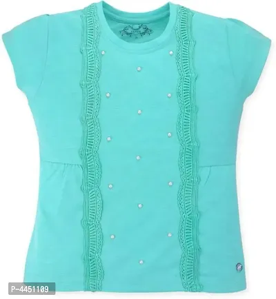 Elite Turquoise Cotton Blend Printed Tops For Girls