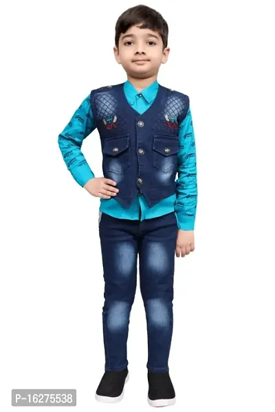 Trendy Blue Denim Shirt Jacket With Jeans Clothing Set For Boys-thumb0