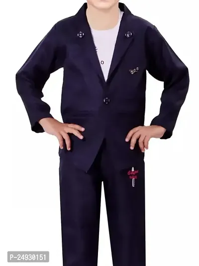 Stylish Navy Blue Cotton Blend Solid Coat with Trouser for Boys-thumb3