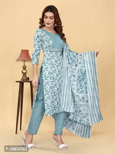 Designer Grey Cambric Cotton Kurta, Bottom And Dupatta Set For Women