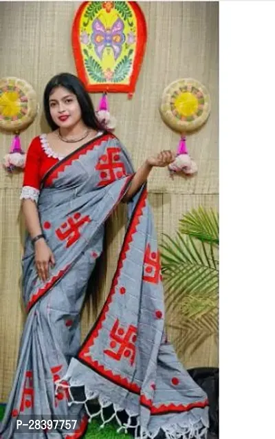 Stylish Grey Cotton Silk Printed Saree with Blouse piece For Women