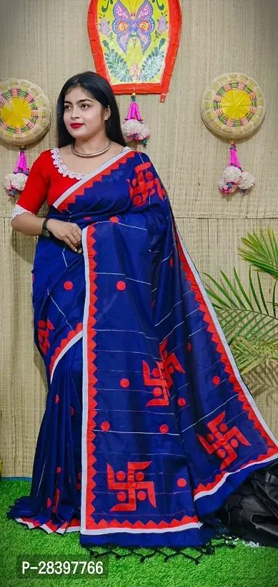 Stylish Blue Cotton Printed Saree with Blouse piece For Women-thumb0