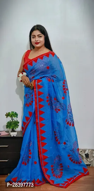 Stylish Blue Cotton Printed Saree with Blouse piece For Women-thumb0