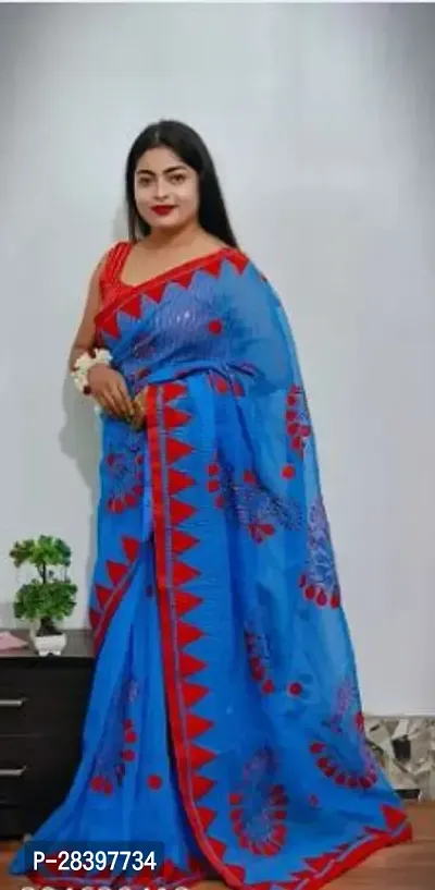 Stylish Blue Cotton Silk Printed Saree with Blouse piece For Women