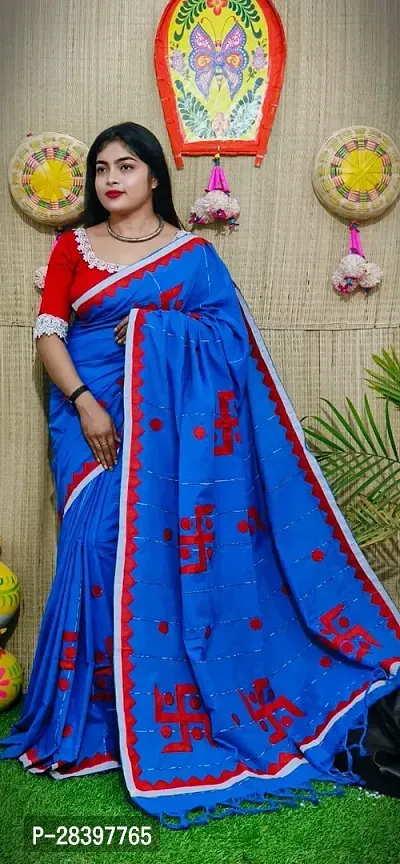 Stylish Blue Cotton Printed Saree with Blouse piece For Women