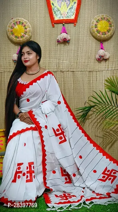 Stylish White Cotton Printed Saree with Blouse piece For Women-thumb0