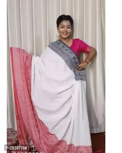 Stylish White Cotton Printed Saree with Blouse piece For Women-thumb0