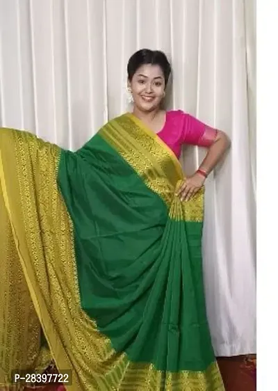 Stylish Green Cotton Printed Saree with Blouse piece For Women