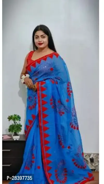 Stylish Blue Cotton Silk Printed Saree with Blouse piece For Women