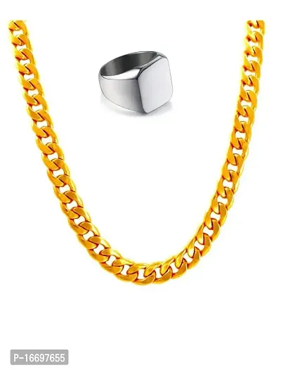 NEERAJYOTI Cuban chain Gold and plain ring silver combo set-thumb0