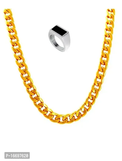 NEERAJYOTI Cuban chain gold and rectangle ad ring silver combo set