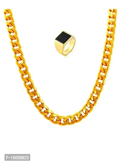 NEERAJYOTI Cuban chain and square ad ring gold combo set