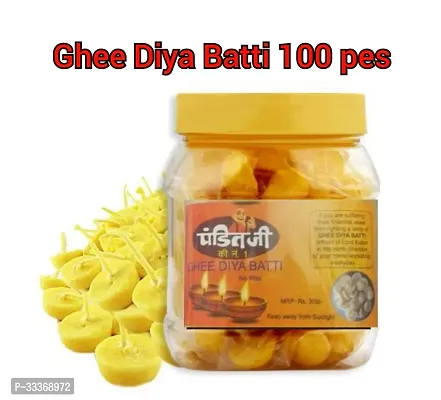 Small Cow Ghee Diya for Puja, 100 Pcs, Wax Free  Vegan Ghee Batti/Wicks/Jyot for Puja Aarti, (Pack of 1, Yellow, 100 Pcs)