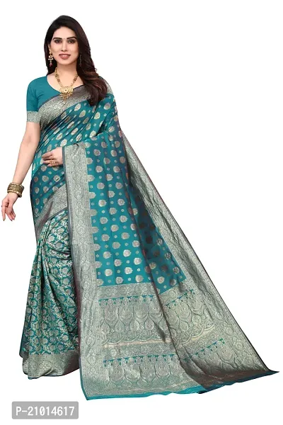 Trendy Banarasi Silk Aqua Blue Woven Design Saree With Blouse Piece For Women