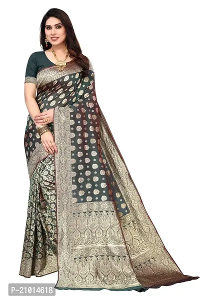 Trendy Banarasi Silk Olive Woven Design Saree With Blouse Piece For Women