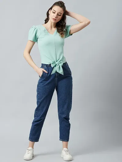 Stylish Green Polyester Solid Crop Top For Women