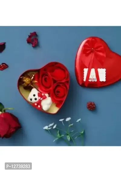 Heart-Shaped Red Box with Teddy and Roses Gift Decorative Showpiece