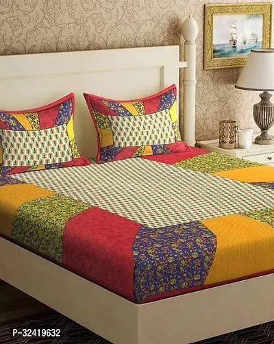 Stylish Yellow Cotton Bedsheet Jaipuri Printed 1 Bedsheet With 2 Pillowcovers