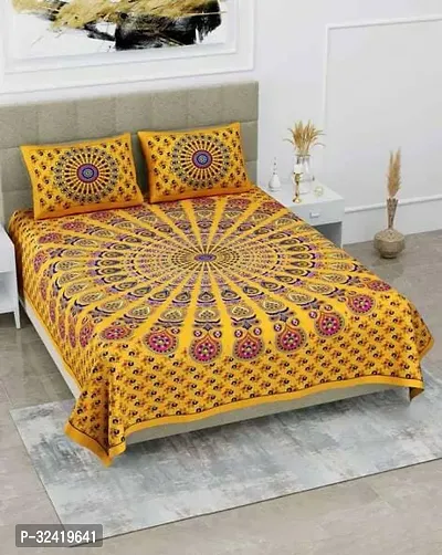 Stylish Yellow Cotton Bedsheet Jaipuri Printed 1 Bedsheet With 2 Pillowcovers-thumb0