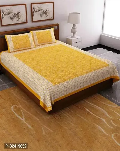 Stylish Yellow Cotton Bedsheet Jaipuri Printed 1 Bedsheet With 2 Pillowcovers-thumb0