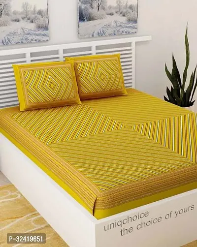 Stylish Yellow Cotton Bedsheet Jaipuri Printed 1 Bedsheet With 2 Pillowcovers-thumb0