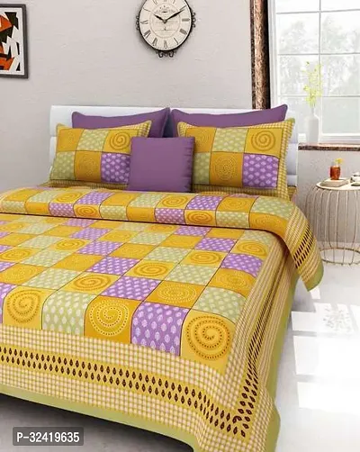 Stylish Yellow Cotton Bedsheet Jaipuri Printed 1 Bedsheet With 2 Pillowcovers-thumb0