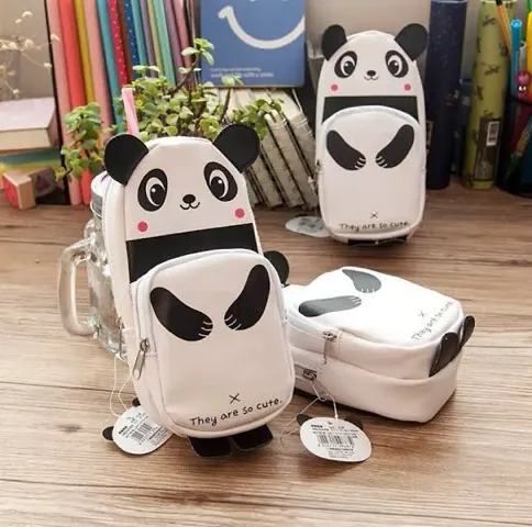 Premium Quality The Surface is Made of PU Leather Water and Dirt Resistance Wipe it Clean Panda Pouch Art Pure Leather Pencil Box  (Set of 1, White, Black)