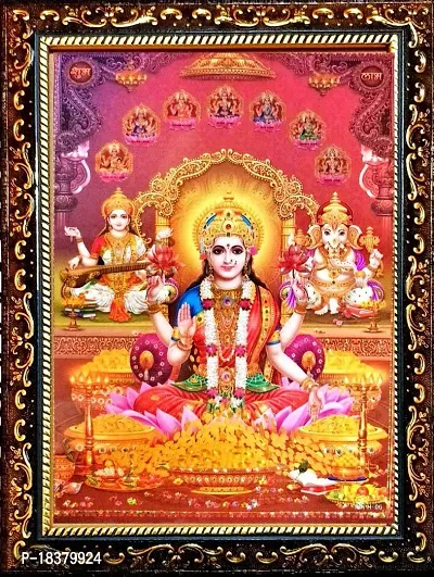 Suninow God Religious Framed Painting for Wall and Pooja/Hindu Bhagwan Devi Devta Photo Frame/God Poster for Puja (ashtalakshmi with laxmi ganesh saraswati)-thumb0