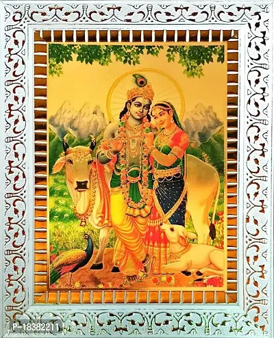 Suninow Gold foil embossed photo of radha krishna with frame | God Religious Framed Painting for Wall and Pooja/Hindu Bhagwan Devi Devta Photo Frame/God Poster for Puja (20 x 15 cm)-thumb0