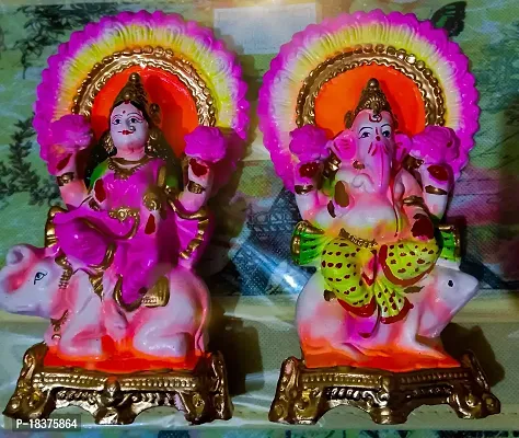 Suninow Terracotta Clay Ganesh Laxmi Idol- Multicolour, 12 x 18-thumb0