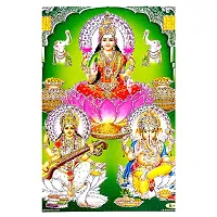 Suninow Laxmi ganesh saraswati in green backround with silver zari wotrk photo frame | God goddess Religious Framed Painting for Wall and Pooja/Hindu Bhagwan Devi Devta Photo Frame/God Poster for Puja-thumb1