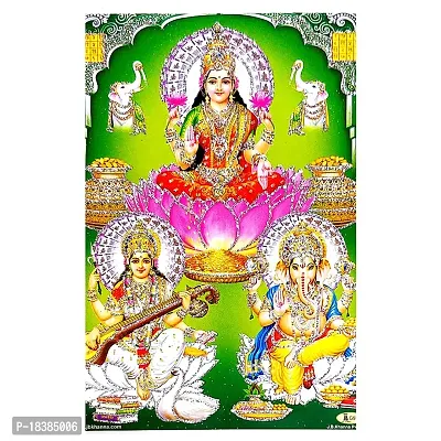 Suninow Laxmi ganesh saraswati in green backround with silver zari wotrk photo frame | God goddess Religious Framed Painting for Wall and Pooja/Hindu Bhagwan Devi Devta Photo Frame/God Poster for Puja-thumb2