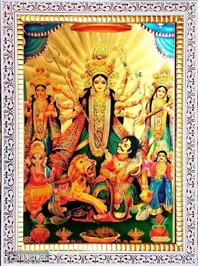 Suninow God Durga maa gold foil embossed photo frame | Religious Framed Painting for Wall and Pooja/God Poster for Puja (35 x 25 cm)