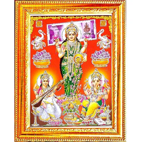 Suninow Laxmi ji in standing position with ganesh ji saraswati ji photo frame | God goddess Religious Framed Painting for Wall and Pooja/Hindu Bhagwan Devi Devta Photo Frame/God Poster for Puja
