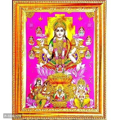 Suninow laxmi ji with aasht laxmi and ganesh and saraswati ji | God goddess Religious Framed Painting for Wall and Pooja/Hindu Bhagwan Devi Devta Photo Frame/God Poster for Puja