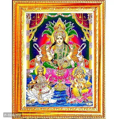 Suninow Laxmi Ganesh Saraswati with Silver zari Work Photo Frame | God Goddess Religious Framed Painting for Wall and Pooja/Hindu Bhagwan Devi Devta Photo Frame/God Poster for Puja