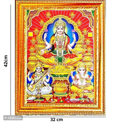 Suninow God Laxmi Ganesh Saraswati in red Background Religious Framed Painting for Wall and Pooja/Hindu Bhagwan Devi Devta Photo Frame/God Poster for Puja (42 x 32 cm) (Gold)-thumb2