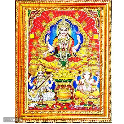 Suninow God Laxmi Ganesh Saraswati in red Background Religious Framed Painting for Wall and Pooja/Hindu Bhagwan Devi Devta Photo Frame/God Poster for Puja (42 x 32 cm) (Gold)-thumb0