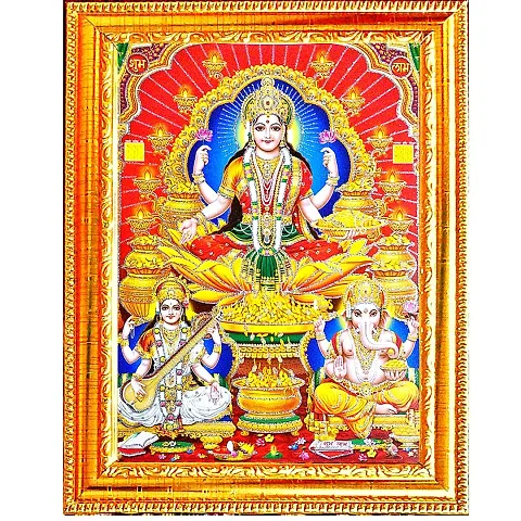 Suninow God Laxmi Ganesh Saraswati in red Background Religious Framed Painting for Wall and Pooja/Hindu Bhagwan Devi Devta Photo Frame/God Poster for Puja (42 x 32 cm) (Gold)