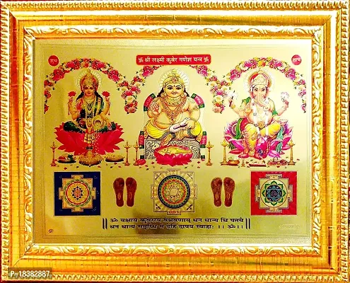 Suninow gold foil embossed Laxmi Kuber ji photo with frame | god photo frame Religious Frame (33 x 24 cm)-thumb0