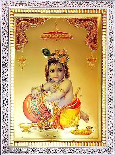 Suninow bal krishna - gold foil embossed photo with frame | Religious Framed Painting for Wall and Pooja/Hindu Bhagwan Devi Devta Photo Frame/God Poster for Puja (33 x 24 cm)