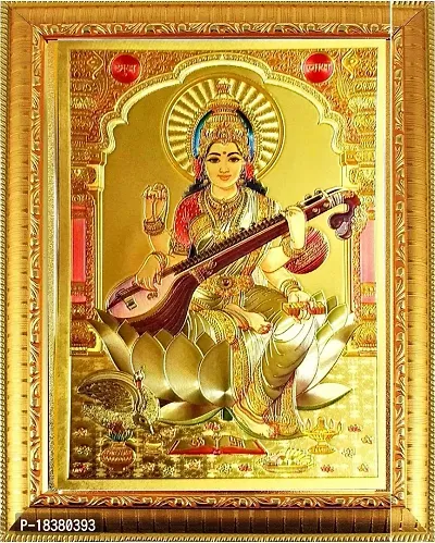 Suninow Wood Saraswati Maa Photo Frame, Wall Mount (Gold).