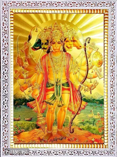 Suninow God Hanuman ji gold foil embossed photo frame | Religious Framed Painting for Wall and Pooja/Hindu Bhagwan Devi Devta Photo Frame/God Poster for Puja 33 x 24