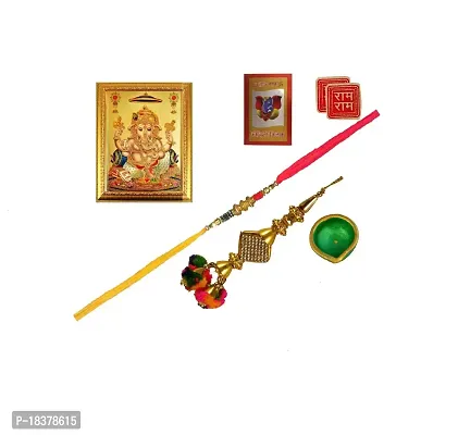 Suninow Ganesha god photo frame with multicolor beads rakhi and lumba rakhi for brother and bhabhi with diya and ram ram sticker