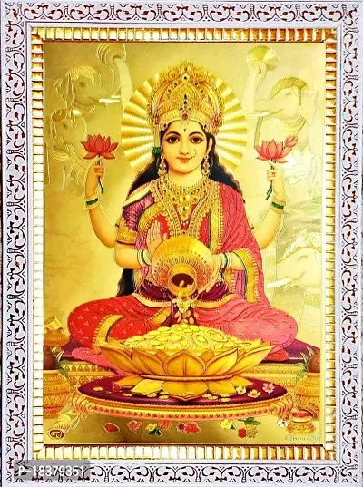 Suninow God lakshmi - gold plated photo with frame | Religious Framed Painting for Wall and Pooja/Hindu Bhagwan Devi Devta Photo Frame/God Poster for Puja (33 x 24)