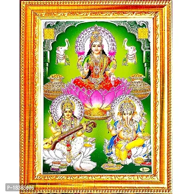 Suninow Laxmi ganesh saraswati in green backround with silver zari wotrk photo frame | God goddess Religious Framed Painting for Wall and Pooja/Hindu Bhagwan Devi Devta Photo Frame/God Poster for Puja